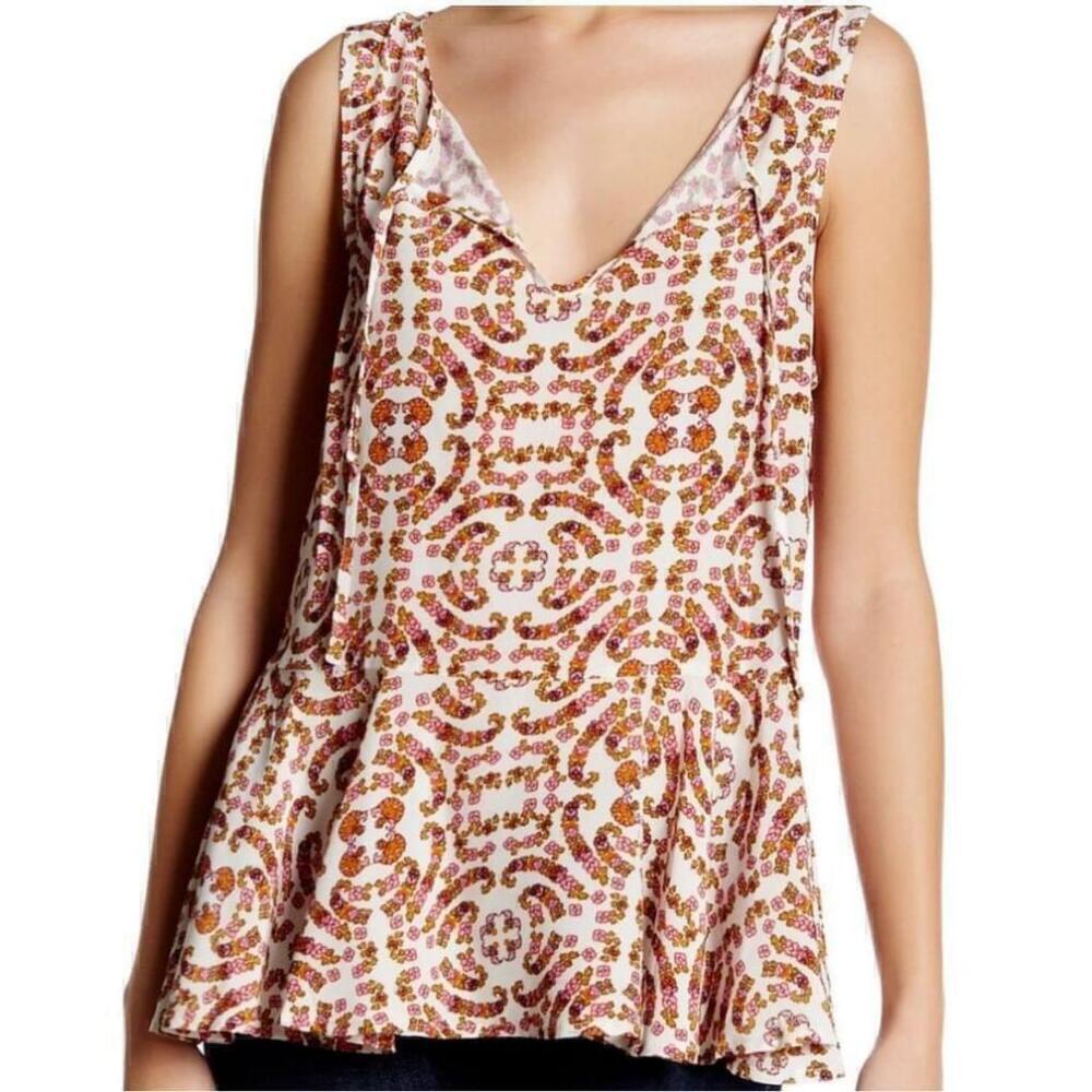 Anthropologie Cupcakes and Cashmere Pink Tan Geometric Floral Blouse Top Small